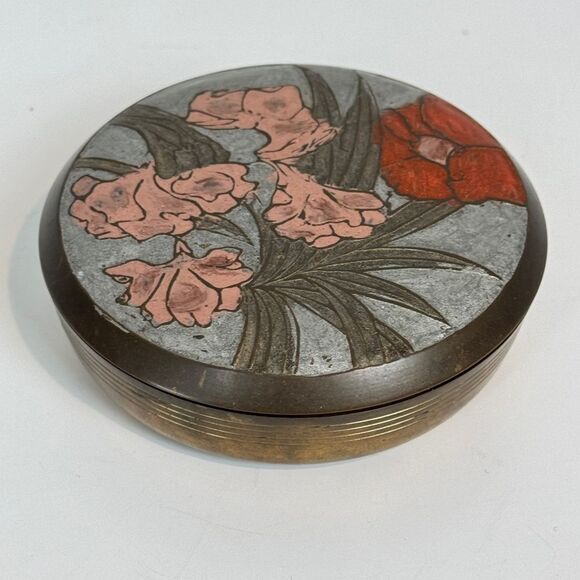 VTG Enameled Brass Floral Round Trinket Dish - Picture 1 of 8